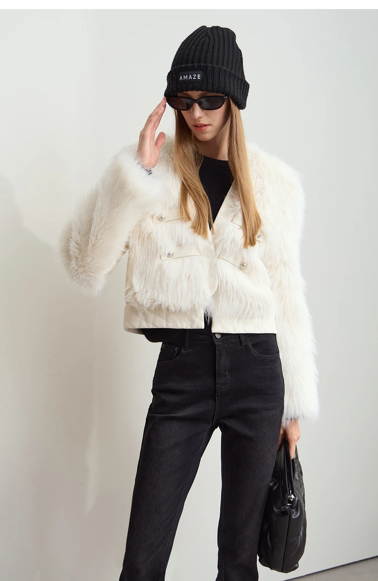 AMII 2026 Winter New Fur Jacket Solid Color Modern Warm Outerwear V-neck Imitation Fur Loose Spliced PU Top Female 12424012