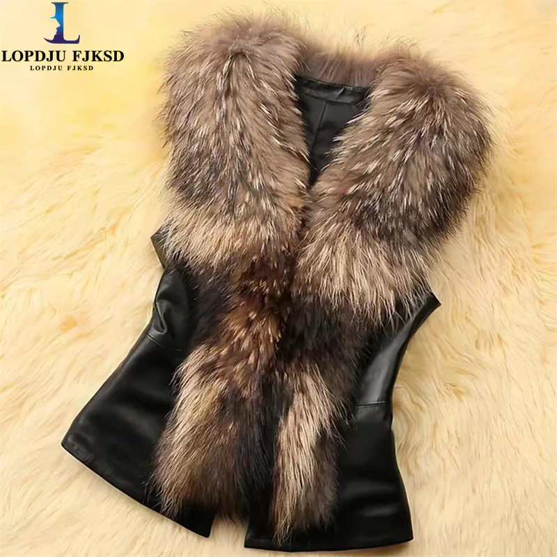 

Women's Faux Fox Fur Collar PU Coat, Loose Long Vest, Covered Button, Thick Warm Female Vest, Winter, New, 2024