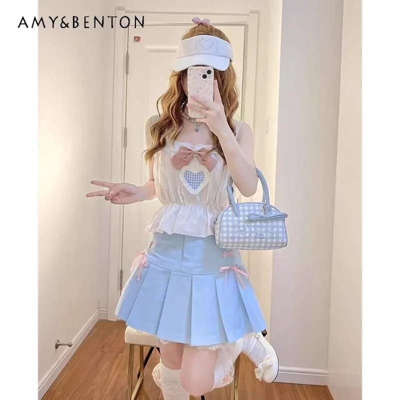 

Original Design Japanese Sweet and Cute Soft Princess Suspender Pleated Skirt Summer New Waist and Thin Dress