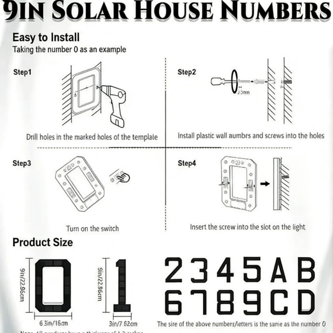 9 Inch Solar LED Illuminated Waterproof House Number Sign Door Address Plate Outdoor Porch Garden Wall Night Light Rechargeable