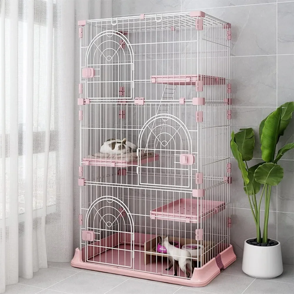 4-Tier Wire Cat Cage Playpen Kennel, Cat Catios Large Space 30 x 20 x 52.5 Inches for 1-3 Cats, Pink Cat Crate with 3 Platforms