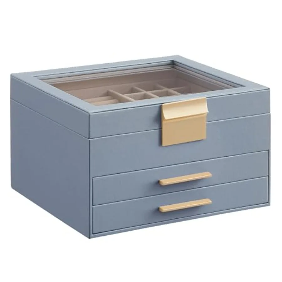 

Jewelry Box Organizer with Glass Lid 3-Layer Jewelry Storage with 2 Drawers Modern Style 8 x 9.1 x 5.3 Inches Smoky Blue and Go