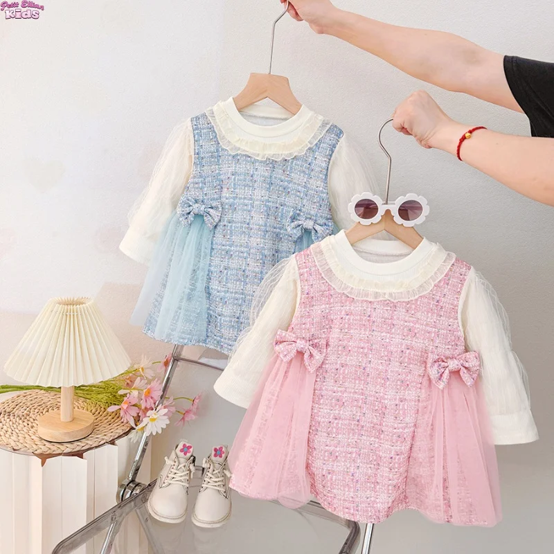 

Baby Girl One-piece Dress 0-3Y Newborn Infant Dress Clothes Cotton Tweed Tulle Dress Lace Collar Bow Detail Princess Party Dress