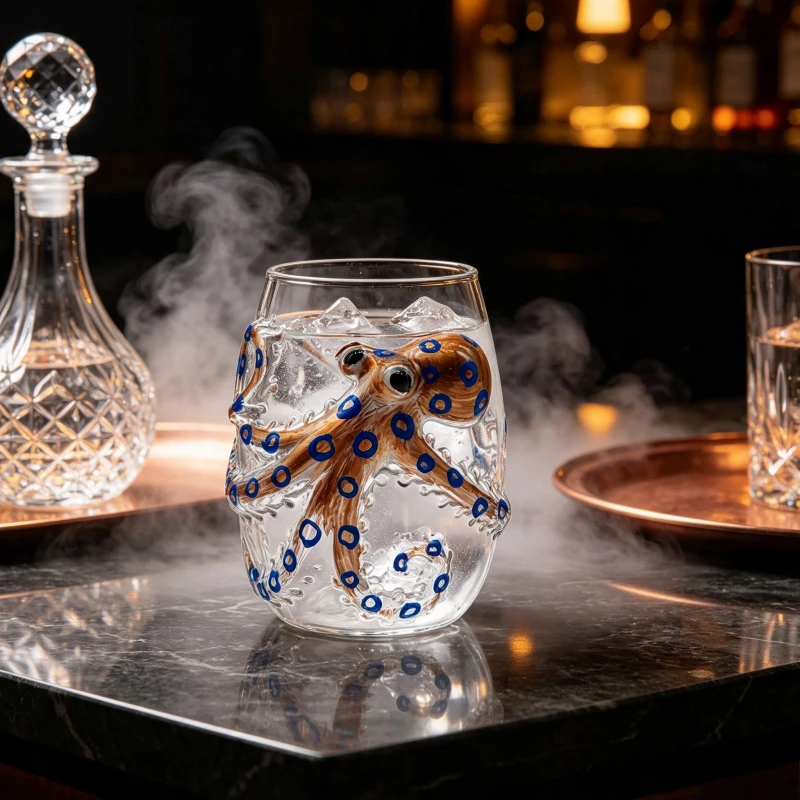 3D Blue Ring Octopus Glass Cup Creative Ocean Animal Whiskey Tumbler Hand Painted Cocktail Drinking Glass for Home Bar Decor