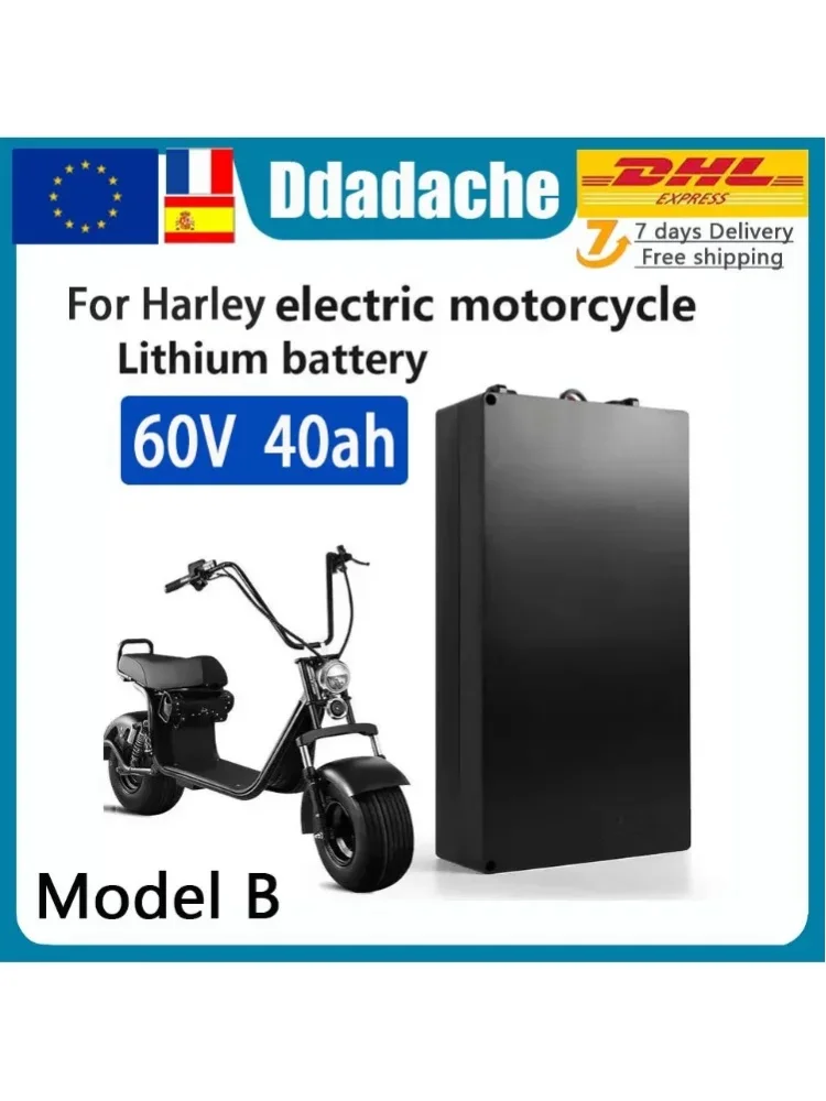 60V 40Ah Li-Ionen-Akku für Elektromotorräder, 2000W, für Harley zweirädrigen, faltbaren Citycoco Elektroroller, kostenloses Ladegerät