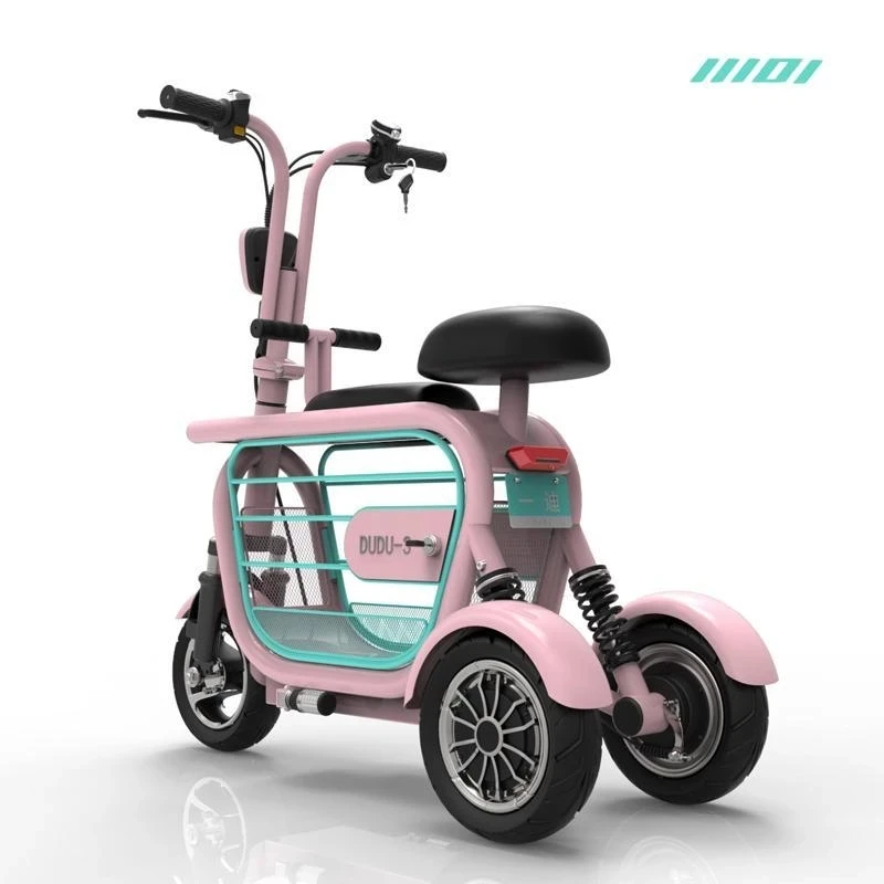 2 Seats Parent Child Three Wheels Electric Scooter Family Adult Pink/ White With Pet Basket 480W Mini Elderly Electric Tricycle