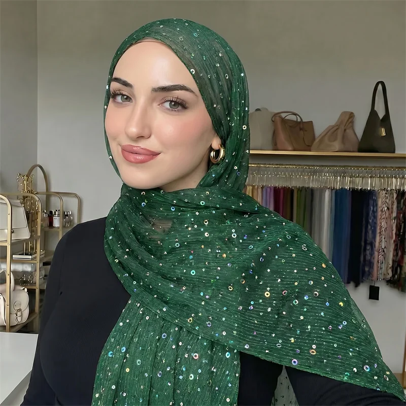 Dark Green Polyester Iridescent Sequin Hijab Women Sparkly Crinkle Headscarf Shimmer Muslim Wrap Scarf For Wedding Party