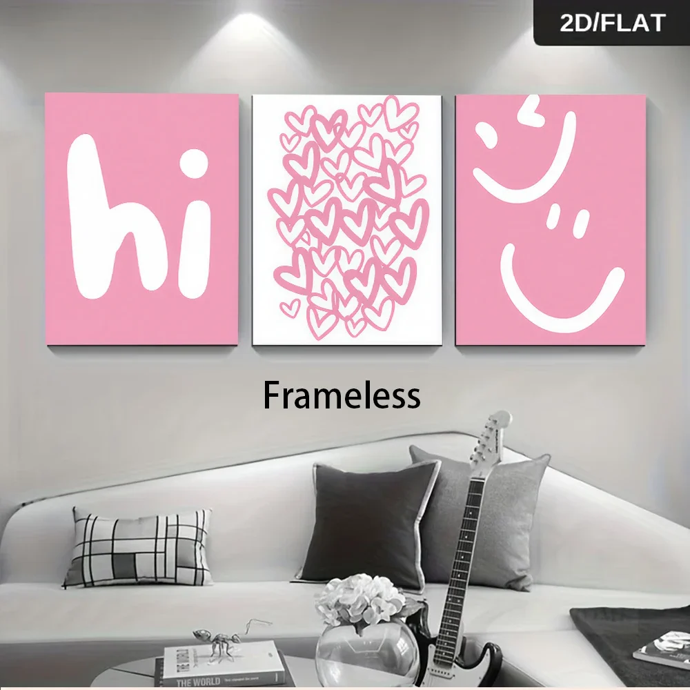 Multiple sizes 3pc frameless Canvas Painting One set of pink-themed frameless three-panel decorative paintings featuring warm sm