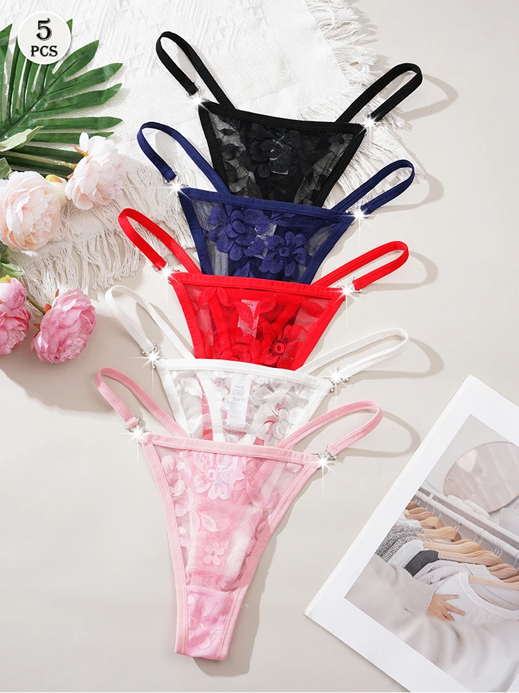 5 ks/balení vícebarevných sexy květinových kalhotek, elegantní dámské tanga s nízkým pasem, spodní prádlo, prodyšné, pohodlné, sexy prádlo, tangá - náhled 6