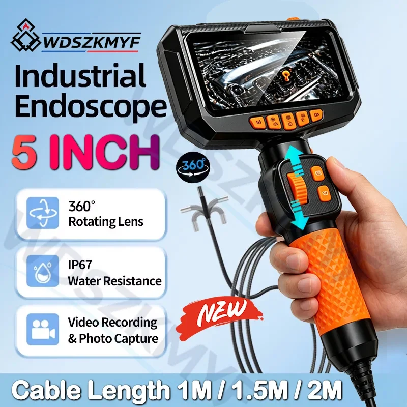 360° Articulating Borescope With 5inch Screen IP67 Snake Camera Endoscope Inspection Camera 6 LED Lights Car Inspection Tools