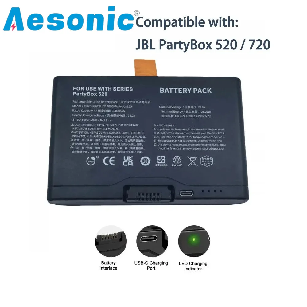 NUEVA Batería de Altavoz FG6CELL21700G de 5000 mAh para JBL PartyBox Stage 520 / 720 / Boombox4, Batería de Repuesto con Decodificación Completa TIPO-C