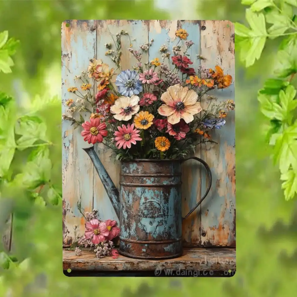 Vintage Metal Wall Art Floral Farmhouse Sign with Watering Can, Rustic Aluminum Decor for Garden Patio Indoor Outdoor