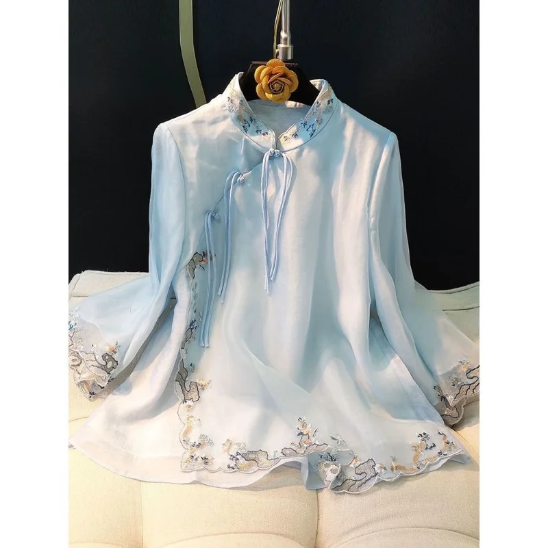 Dames Lente Zomer Nieuwe Opstaande Kraag Pullover Chiffon Shirt Mode Chinese Stijl Button Print Casual Lange Mouwen Tops
