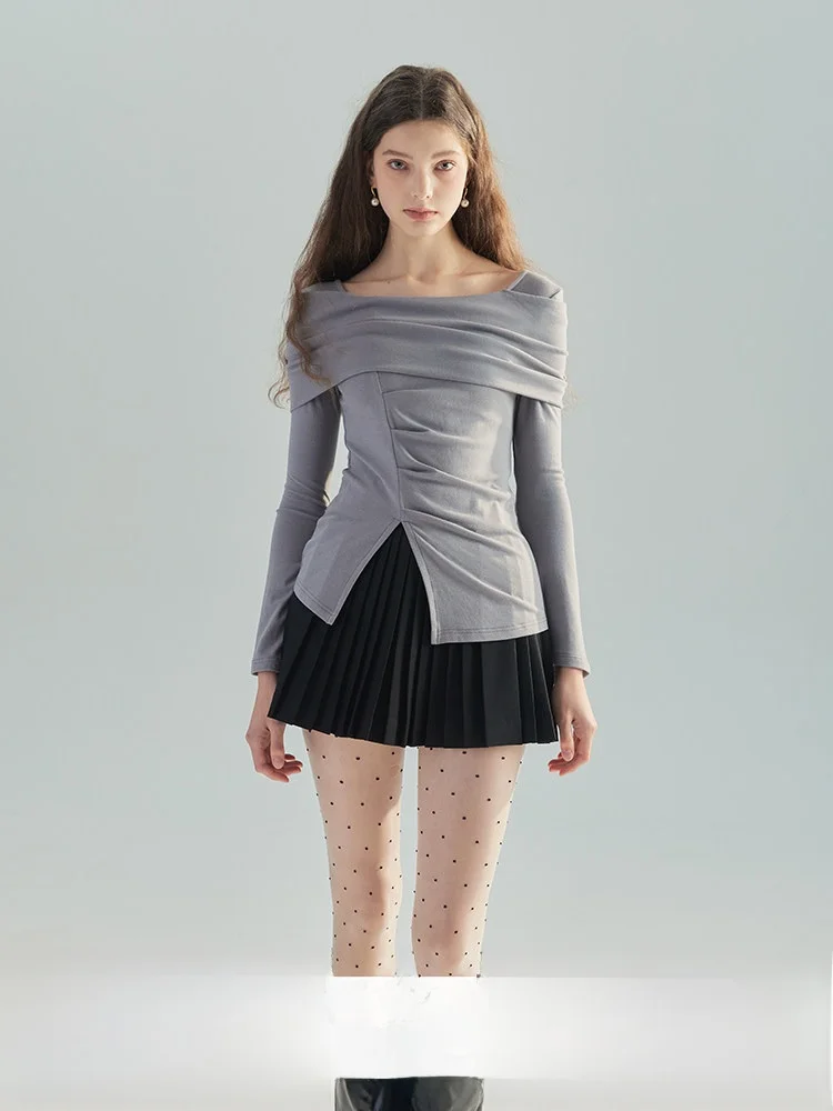 

Romantic Escape Knitted One-oulder Base irt Long Sve Slimming Waist Pleat Design Commute Sle Pure Color Casual Top