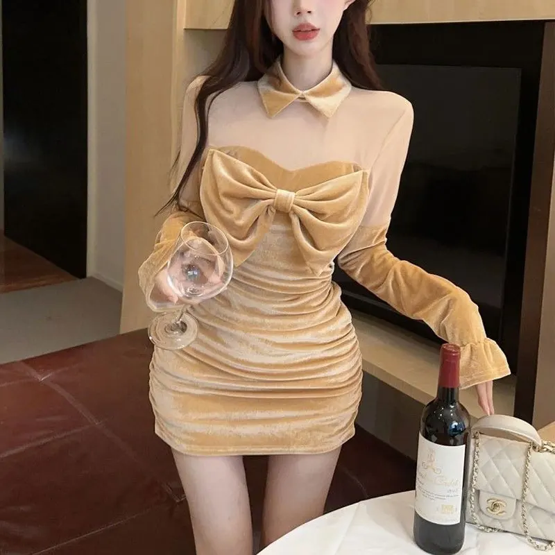 

Hotsweet Fashionable Bow Bag Hip Dresses Women's Clothing Vintage Patchwork Autumn Winter Elegant Waist Slim Lapel Mini Dress