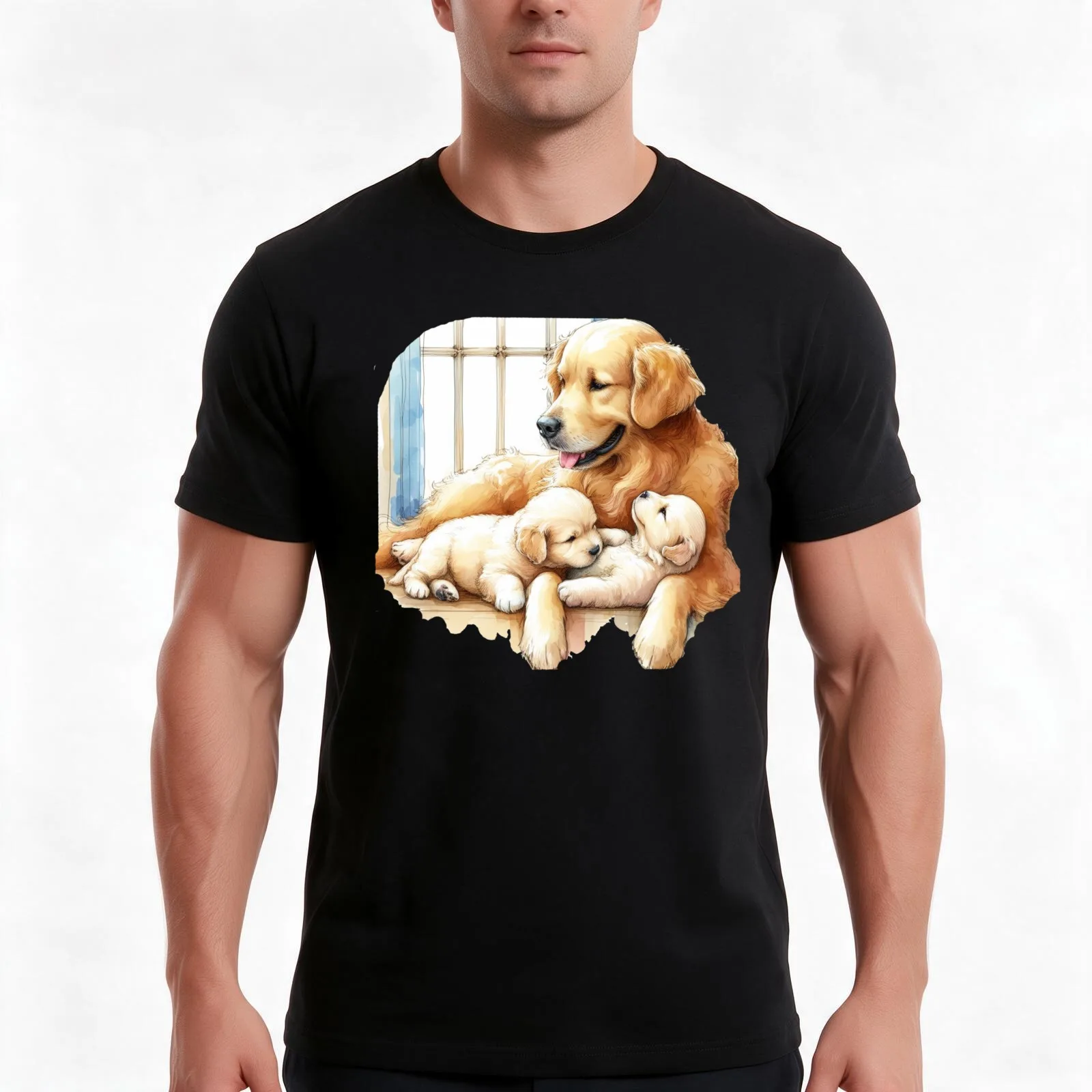 Golden Retriever Mom and Puppies Sketch , T-Shirt, Summer Casual Cotton Tee, Oversized Streetwear Tops, Vintage Graphic Print