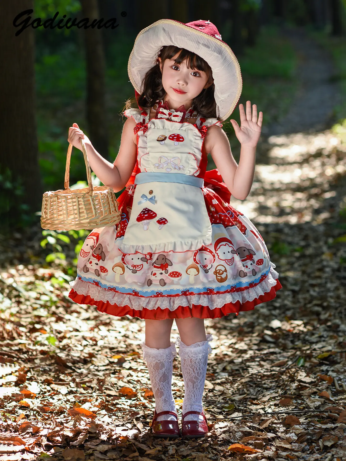 

Sweet Baby Girls 2026 New Summer Lace Trim Lolita Princess Suspender Dress Childrens Cute Red Cartoon Print Bow Tutu Cake Dress