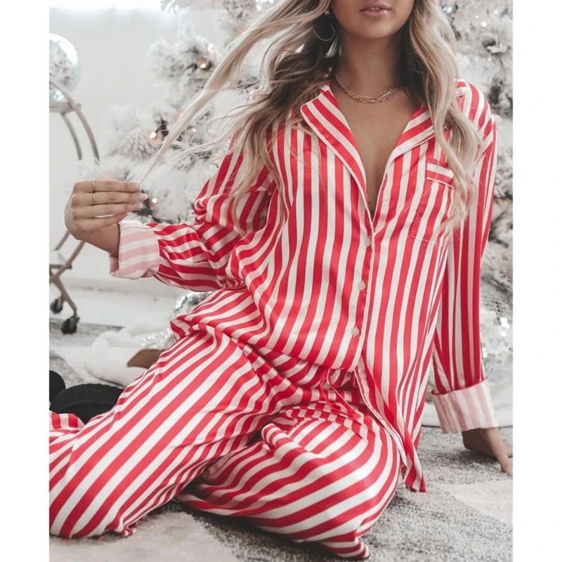 2023 New Women 2 Pieces Christmas Striped Long Sleeve Button Shirts and Pants Imitation Silk Pajamas Set Sleepwear Home