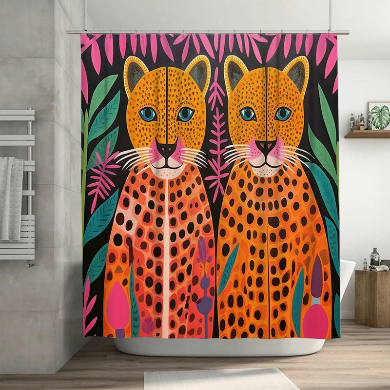 

Modern Boho Animal Print Shower Curtain Set for Bathroom Decor Vivid Orange Leopard Design with Greenery Perfect Gift! (Set incl