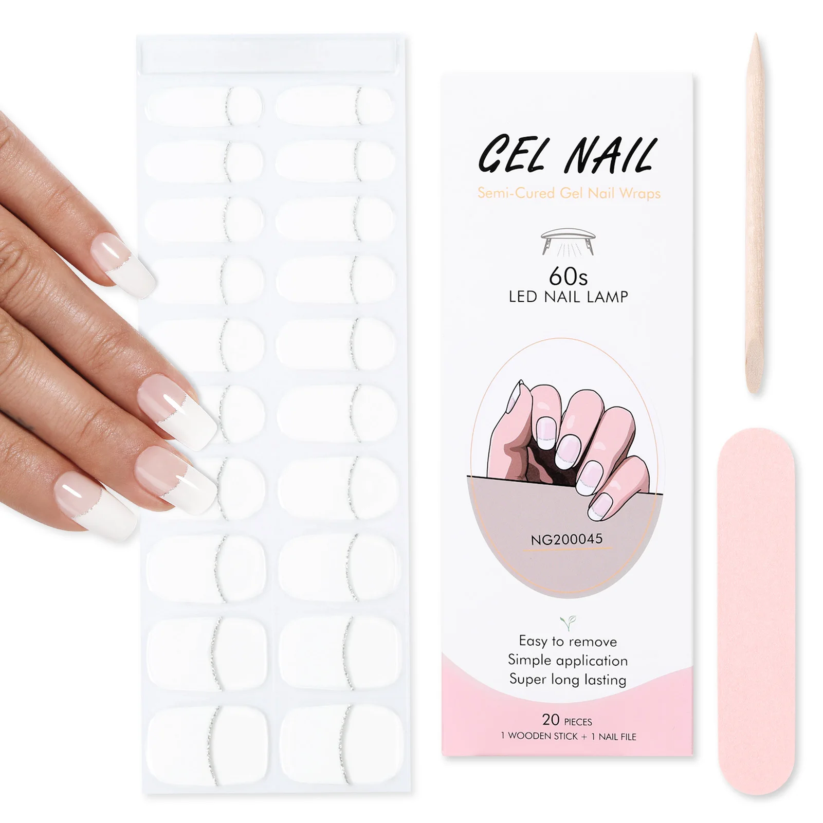 20Tips White French Gel Nail Strips Patch Sliders UV/LED Lamp Cured Adhesive Long Lasting Full Cover Gel Nail Stcikers Manicu