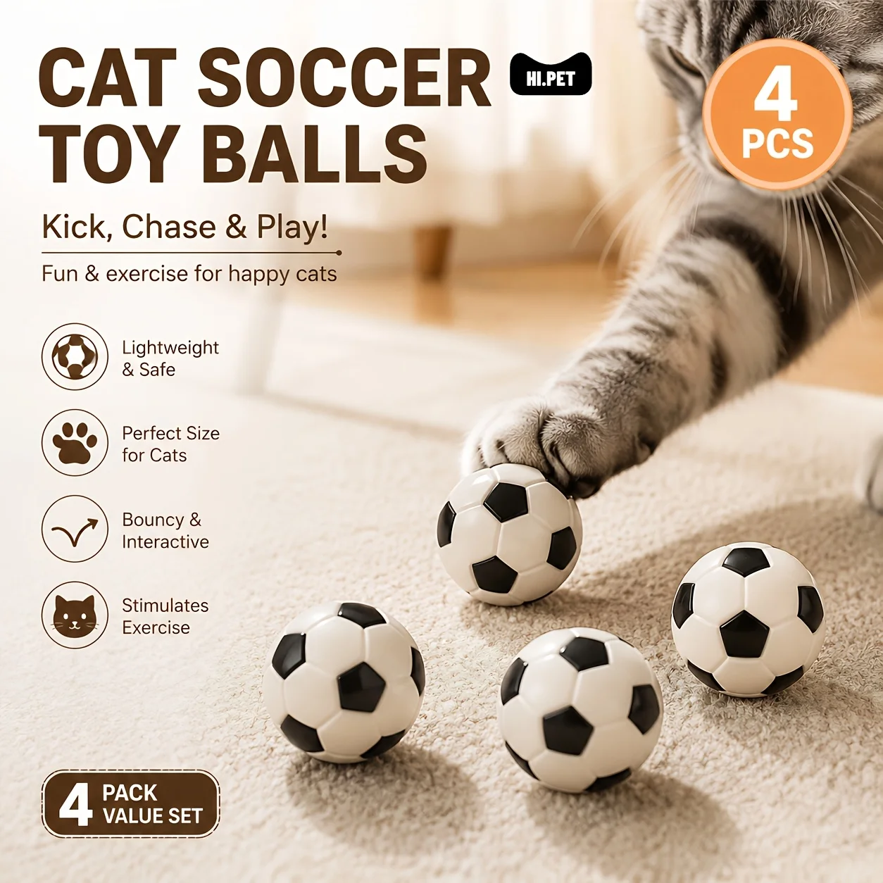 4pcs Cat Soccer Toy: Interactive Bouncy Ball for Kittens and Adult Cats—The Perfect Indoor Entertainment Toy