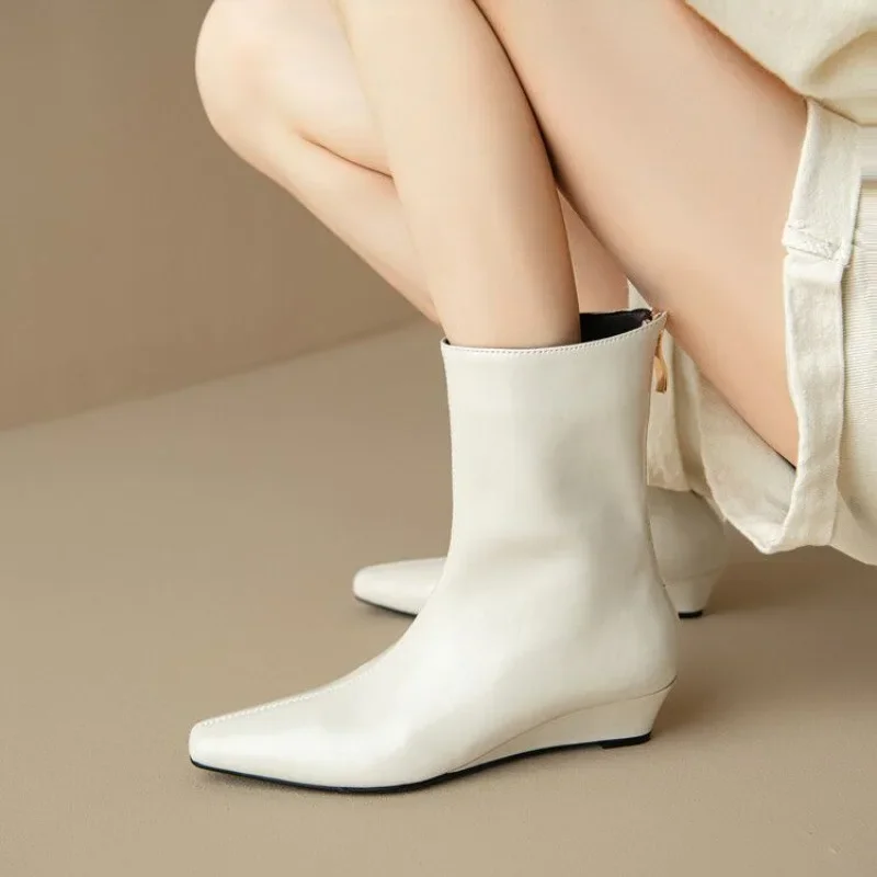 2024 Women Ankle Boots French Style Sheepskin Simple Shoes Woman Back Zip Casual Shoes Spring Autumn Real Leather Short Boots