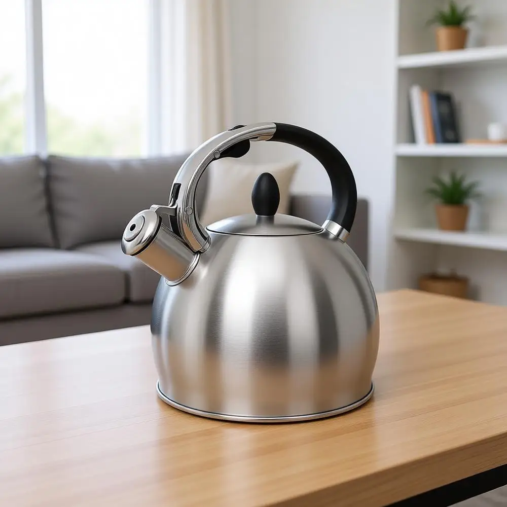 

Stainless Steel Tea Kettle, Stovetop Vintage Whistling Teapot, Durable Rust-Resistant, with Pot Holder, 2.64 Quart Brushed