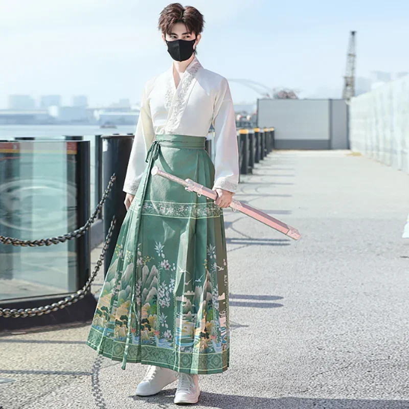 Large Size 4XL Chinese Hanfu Horse Face Skirt Men&Women Vintage Fashion Bronzing Hanfu White Shirt Green Pleated Skirt Unisex