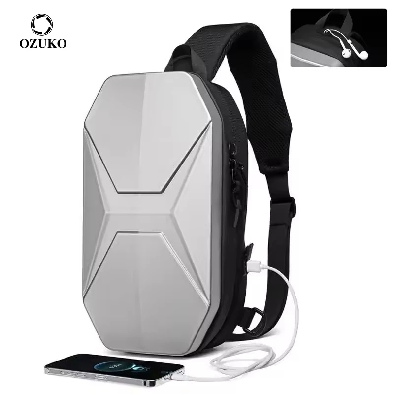 

OZUKO Fashion Hard Shell Men Chest Bag Male Waterproof Short Trip Crossbody Messenger Bag USB Charge Teenage Sling Shoulder Bags
