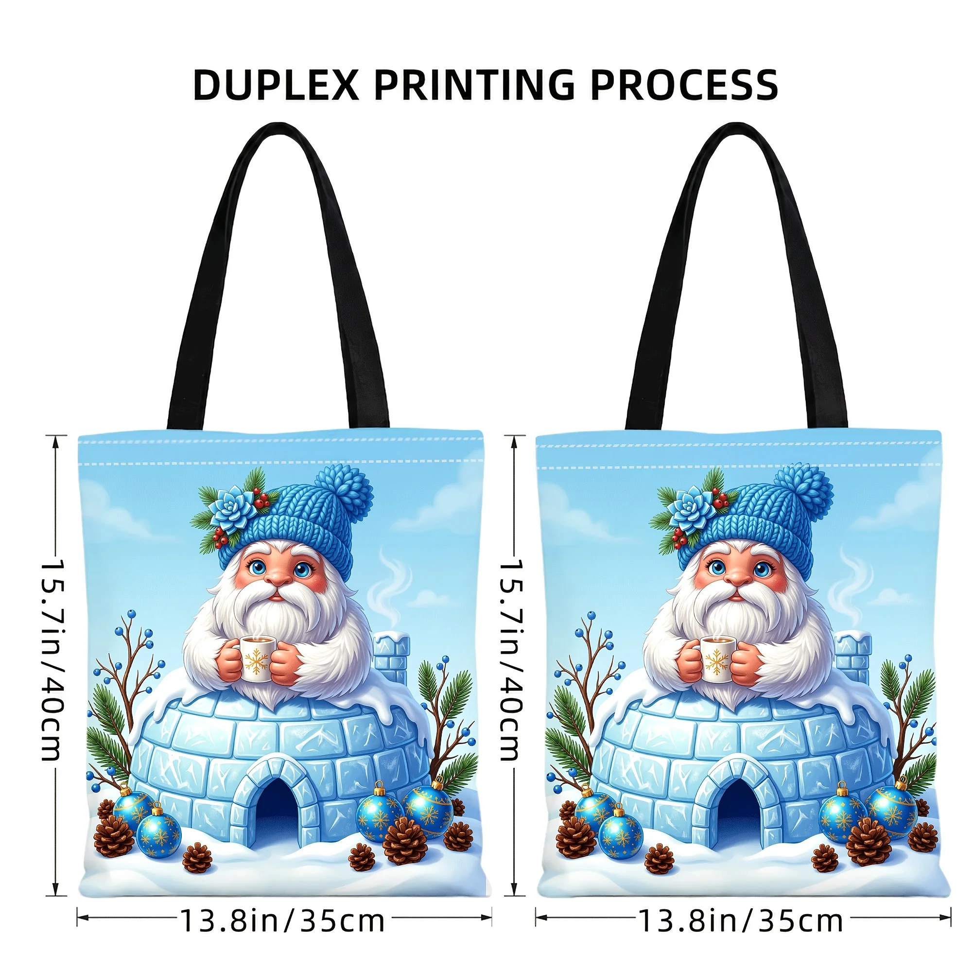 Christmas Blue Gnome Igloo Canvas Tote Bag Winter Snow Pine Cone Bauble Print Large Capacity Handbag Reusable Bag Holiday Gift