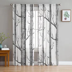 Gray White Birch Tree Branches Sheer Curtains for Living Room Decoration Tulle Voile Organza Window Curtains for Kitchen Bedroom