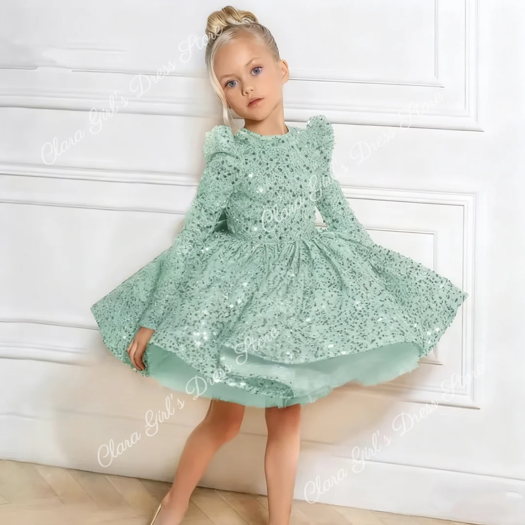 Великолепное платье с цветочным узором для девочек с блестками и длинными рукавами, пышное детское праздничное платье для девочек на свадьбу, день рождения, вечеринку, первое причастие