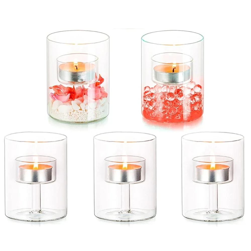 1/2/3Pcs Glass Candle Holder Double Layer Insulation Transparent Glass Tea Lamp Candle Holder Wedding Party Table Decoration