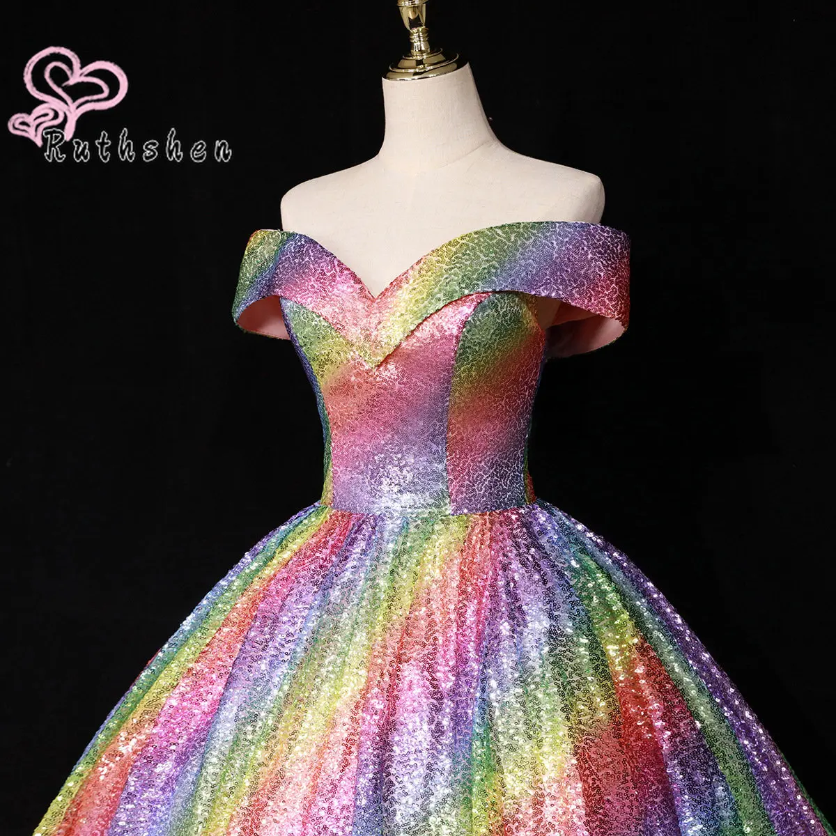 Rainbow Sequin Ball Gown 2023 Luxury Evening Dresses for Women Off The Shoulder Long Formal Occasion Prom Party Dress