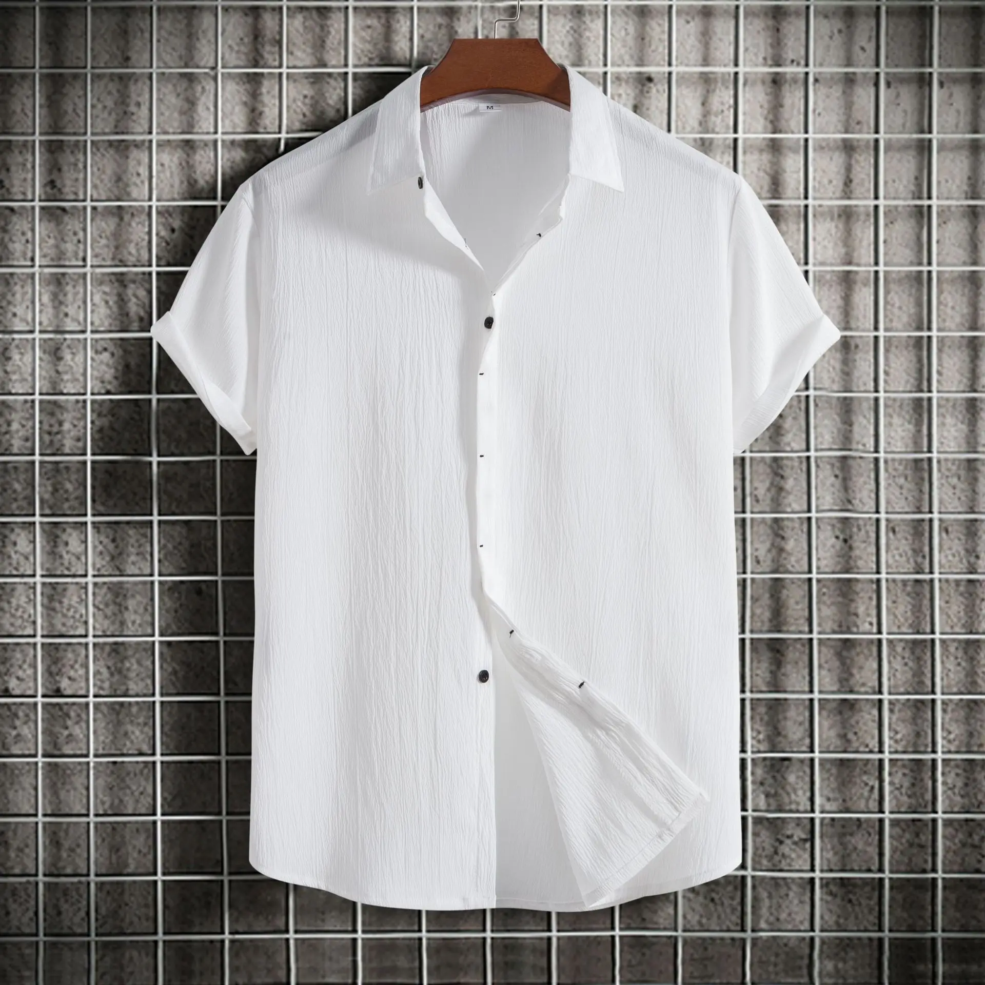 2025 New Summer Comfortable Cotton and Hemp Shirt Men's Solid Color Collar Button Short Sleeve Men's Casual Loose Shirt