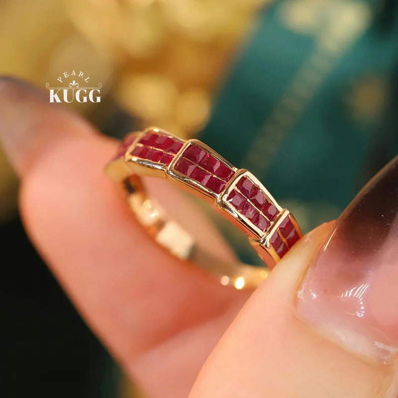 KUGG 100% 18K Rose Gold Rings Vintage Snake Design 1.20carat Real Natural Ruby Ring for Women INS Style High Wedding Jewelry