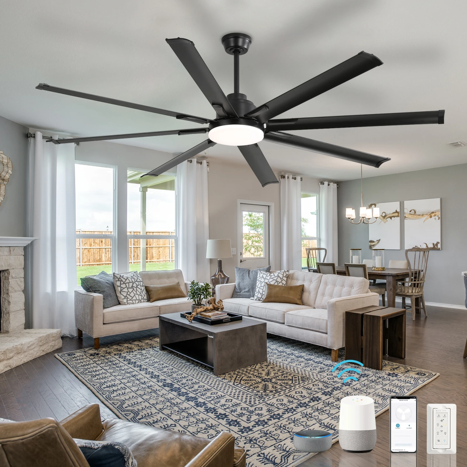 

72-дюймовые современные потолочные вентиляторы большого дизайна с умным пультом дистанционного управления, 6-скоростной двигатель постоянного тока, черный для гостиной