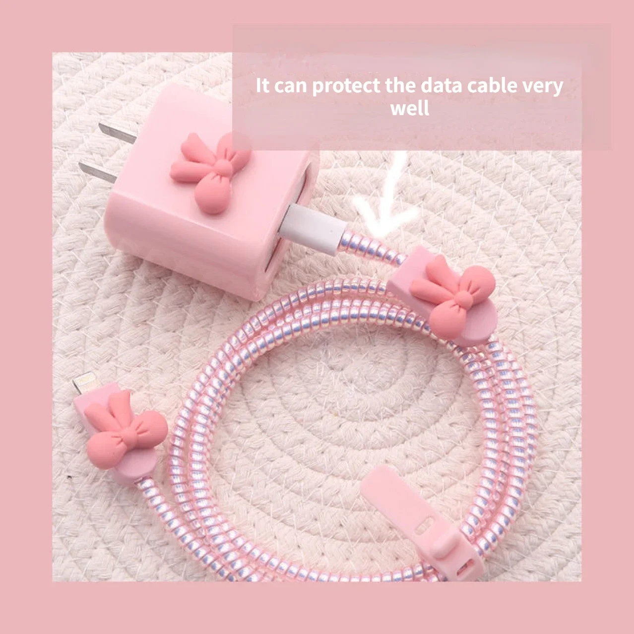 Cute Pink Bow Charging Case 20w Charger Protective Case For IPhone 15 Love Heart Data Cable Management Cord Winder Kit