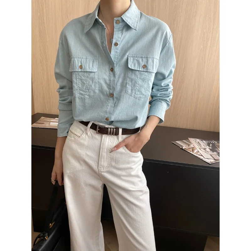 

French Chic Elegant Blouse Shirt Women Blue Linen Spring Autumn Women Long Sleeve Pocket Casual Office Ladies Top Shirts New