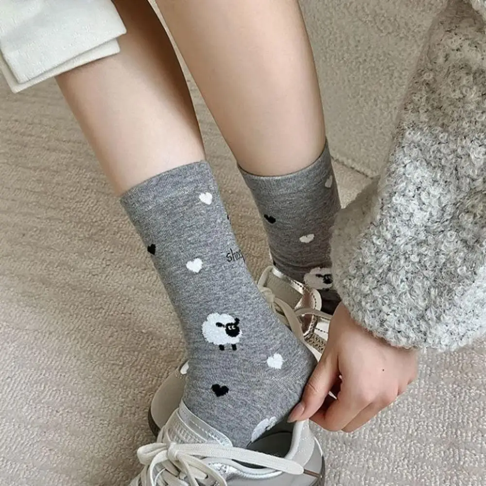 4Pairs Funny Bowknot Cartoon Sheep Socks Breathable Cute Short Tube Socks Letter Hosiery Mid-Calf Socks Students