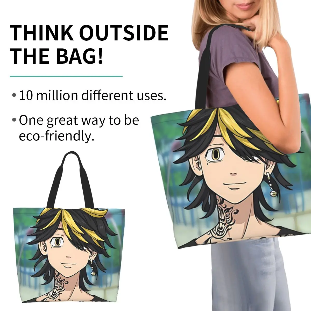 Anime Tokyo Revengers Kazutora Shopping Tote Bag Canvas Large Capacity Shoulder Bags Shopper Grocery Handbag for Women