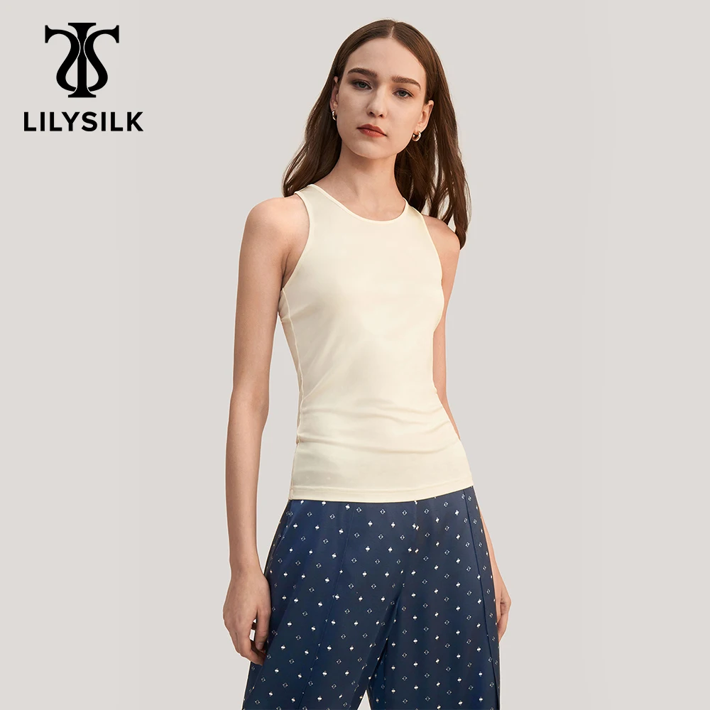 LILYSILK Women Silk Jersey Tank Women Basic Embroidery Logo Top 2022 New Summer Ladies Sleeveless Round Neck Vest Free Shipping