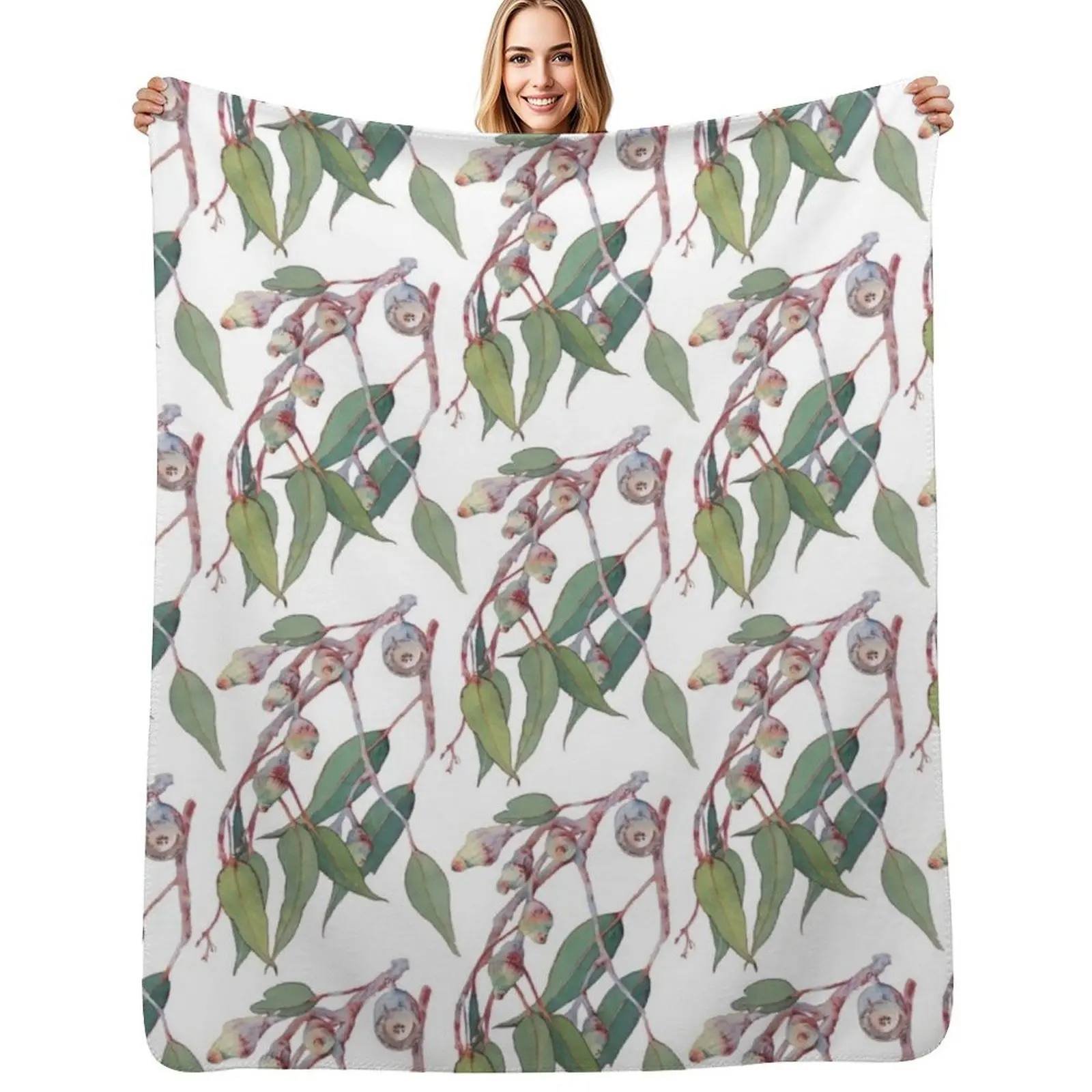 Australian native eucalyptus tree branch watercolour Throw Blanket Cozy Napping Blanket Gift for Mom Dad