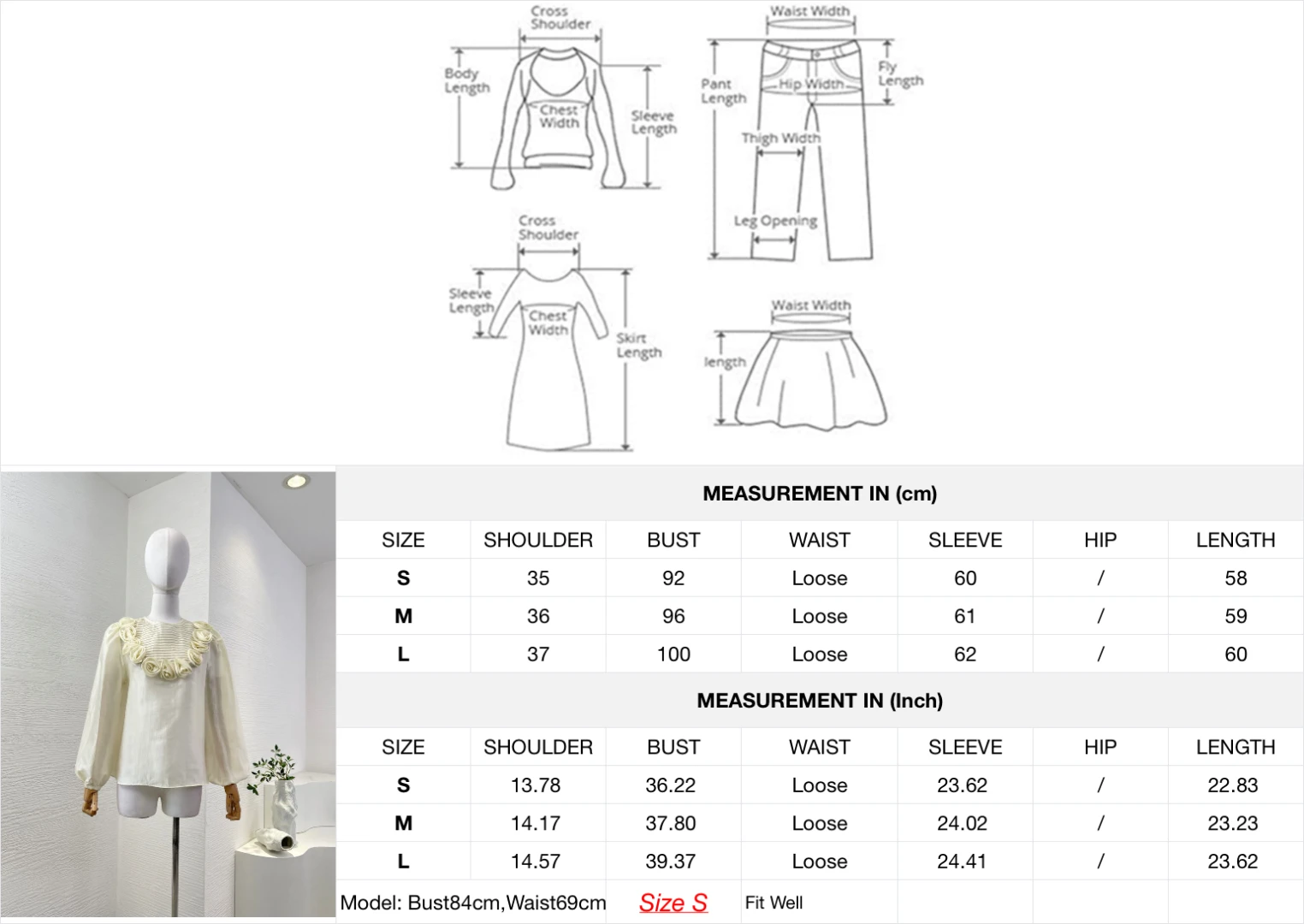 2025 Wysokiej jakości bluzki z długim rękawem w kwiaty z aplikacją w kolorze białej moreli