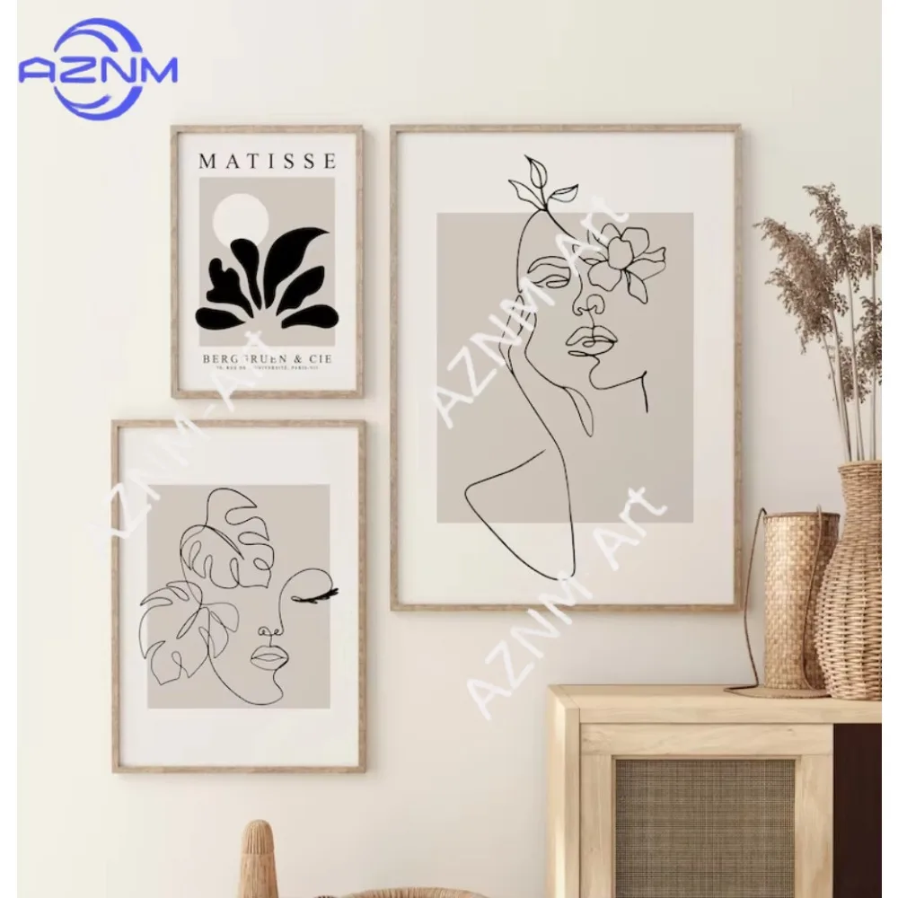 1Pc/3Pcs Abstract Female Figure Art Line Drawing,Matisse Printable Posters,Bohemian Simple Face,Frameless Canvas Painting