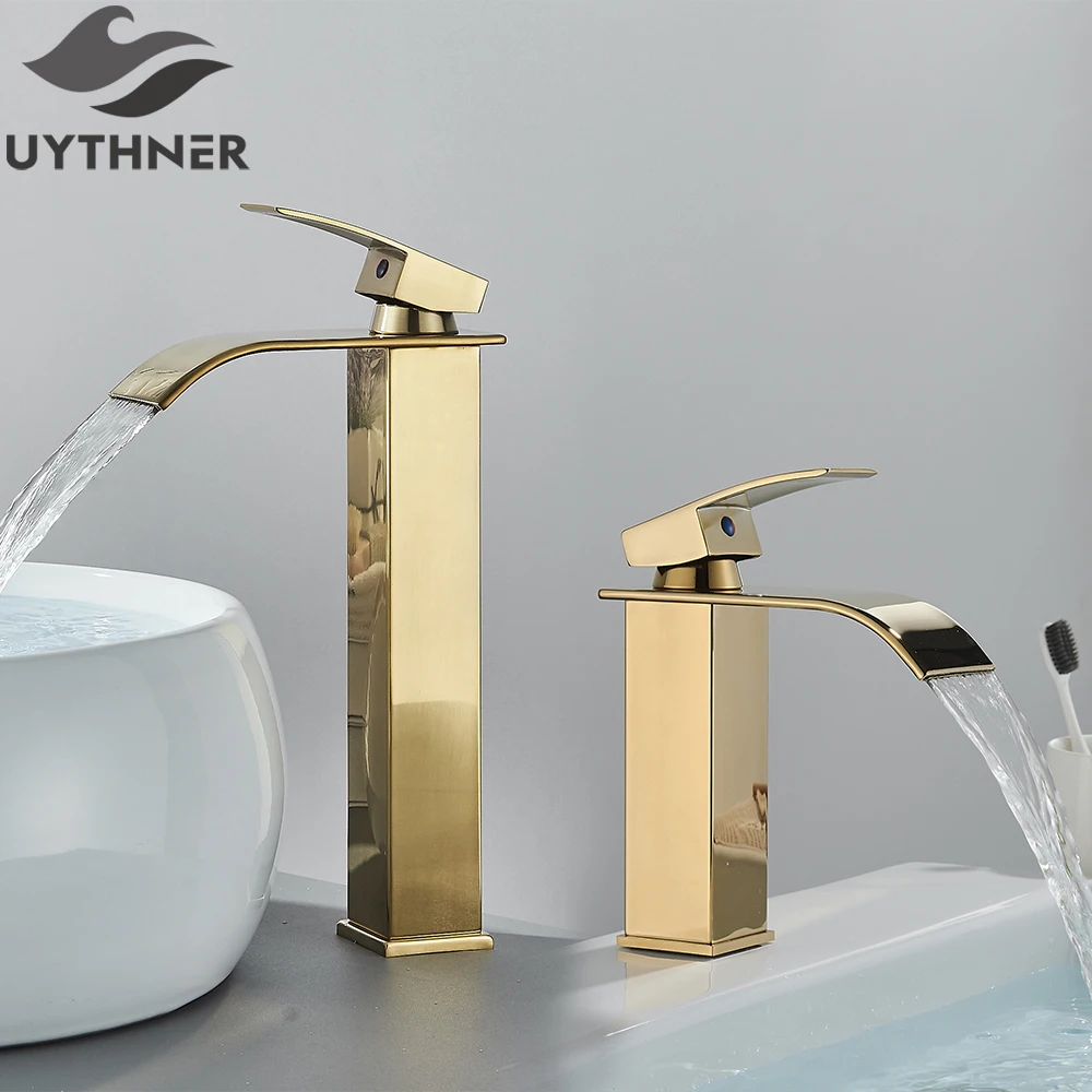 

Brushed Golden Basin Faucets Elegant Waterfall Bathroom Sink Faucet Single Lever Hole Deck Mount Brass Mixer Taps