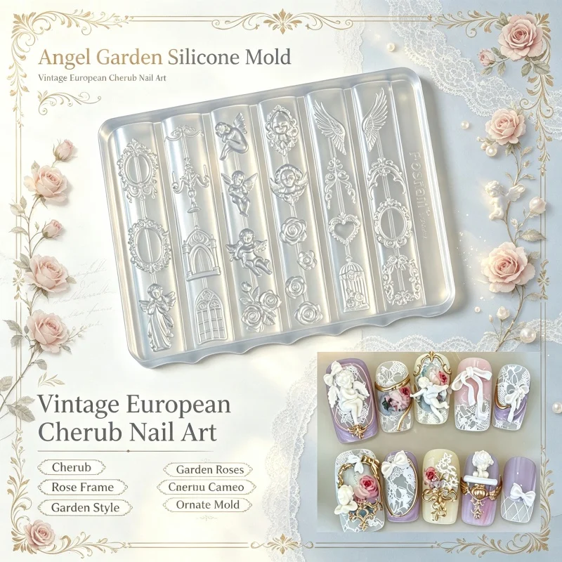 Old Baroque Cherub Silicone Mold, European Garden Rose Birdcage Window Relief DIY Nail Decor Mold