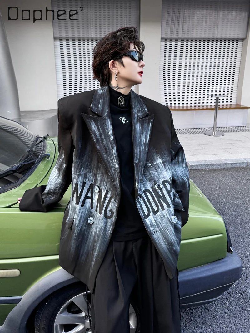 

Spring and Autumn New Hand-painted Letter Gradient Design Men's Black Suit Jacket Korean Style Trendy Casual White Loose Suit
