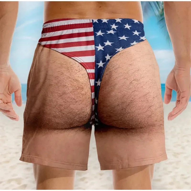 Men's Novelty 3D Graphic Swim Trunks Funny US Flag Hairy Legs Printed Beach Shorts Patriotic Costume Casual Quick Dry Swimwear