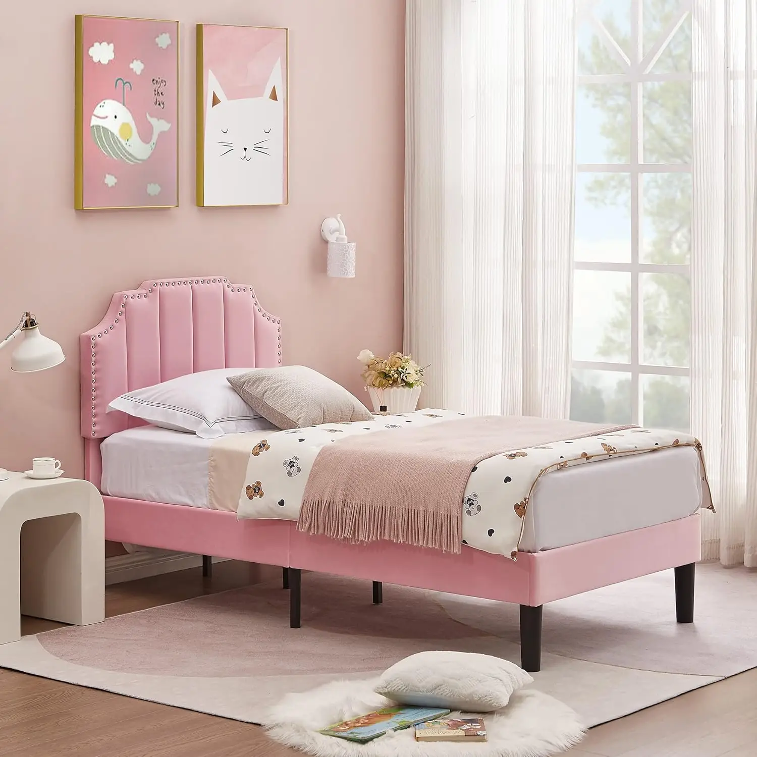 Marco de cama con plataforma para niños, niñas, niños, con cabecero ajustable capitoné/fundidad de colchón/soporte de listones de madera, fácil montaje, rosa